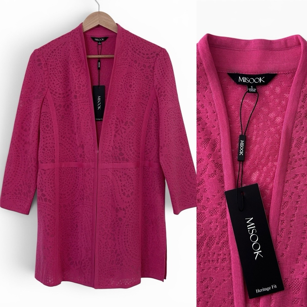 Misook Women's Small Pink Heritage Fit 3/4 Sleeve Lace Jacquard Knit Jacket NWT